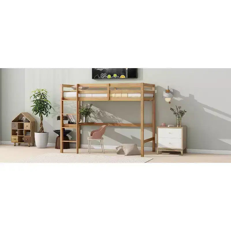 Lit mezzanine double/simple avec bureau et étagères, lits superposés en bois robustes avec échelle et barrières de sécurité pour enfants, adolescents
