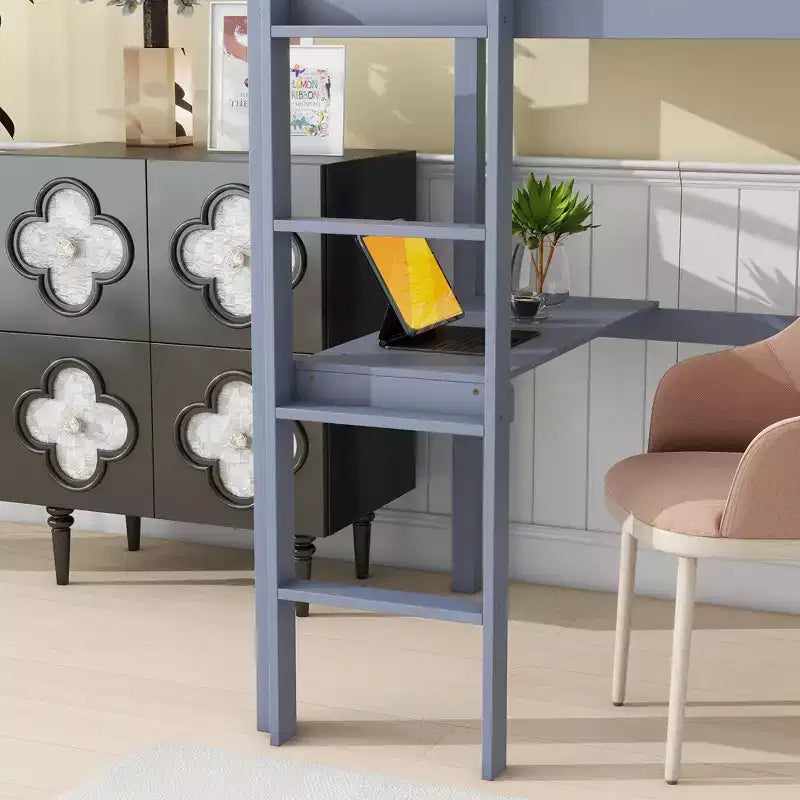 Lit mezzanine double/simple avec bureau et étagères, lits superposés en bois robustes avec échelle et barrières de sécurité pour enfants, adolescents