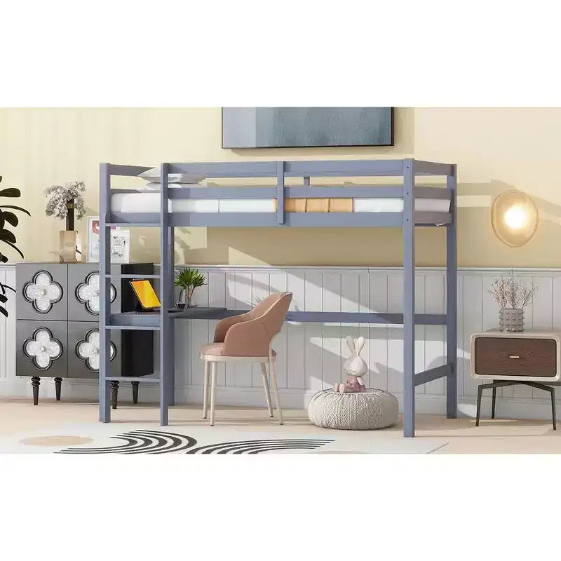 Lit mezzanine double/simple avec bureau et étagères, lits superposés en bois robustes avec échelle et barrières de sécurité pour enfants, adolescents