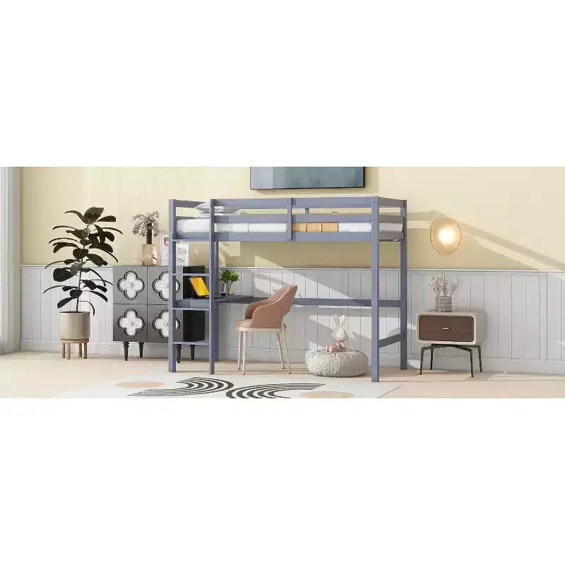 Lit mezzanine double/simple avec bureau et étagères, lits superposés en bois robustes avec échelle et barrières de sécurité pour enfants, adolescents