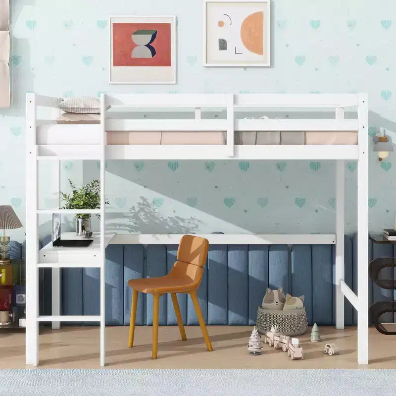 Lit mezzanine double/simple avec bureau et étagères, lits superposés en bois robustes avec échelle et barrières de sécurité pour enfants, adolescents