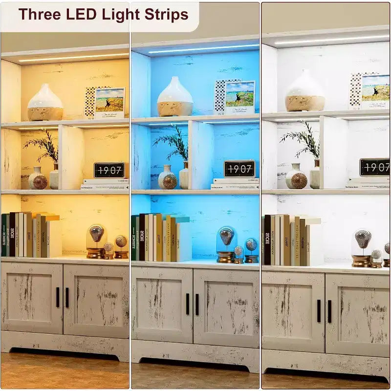 Étagère à 3 niveaux avec lumières LED, étagère de présentation en bois de 147 cm de haut, étagère de rangement ouverte, chambre, salon, bureau