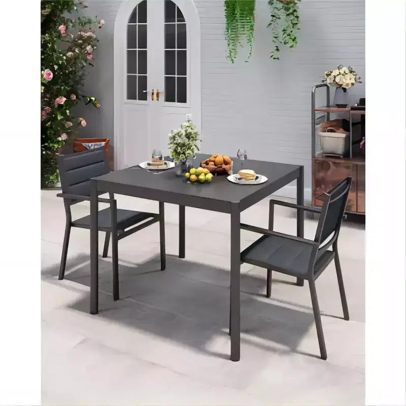 Table carrée 35x35 pouces, cadre en fer avec plateau en aluminium, gris foncé, assemblage KD pour salle à manger/bureau