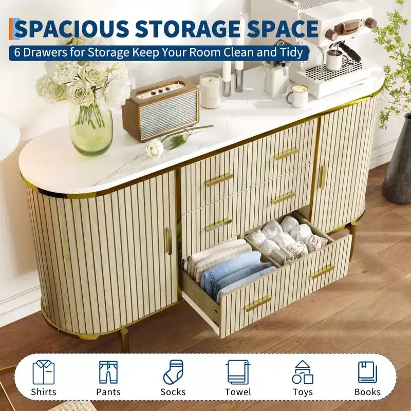 Buffet vaisselier cannelé, Grand bahut de rangement de 150 cm Meuble TV console multimédia avec 6 tiroirs et 2 portes coulissantes pour salon