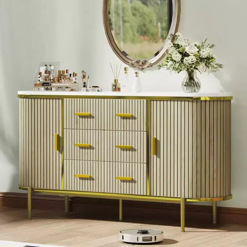 Buffet vaisselier cannelé, Grand bahut de rangement de 150 cm Meuble TV console multimédia avec 6 tiroirs et 2 portes coulissantes pour salon