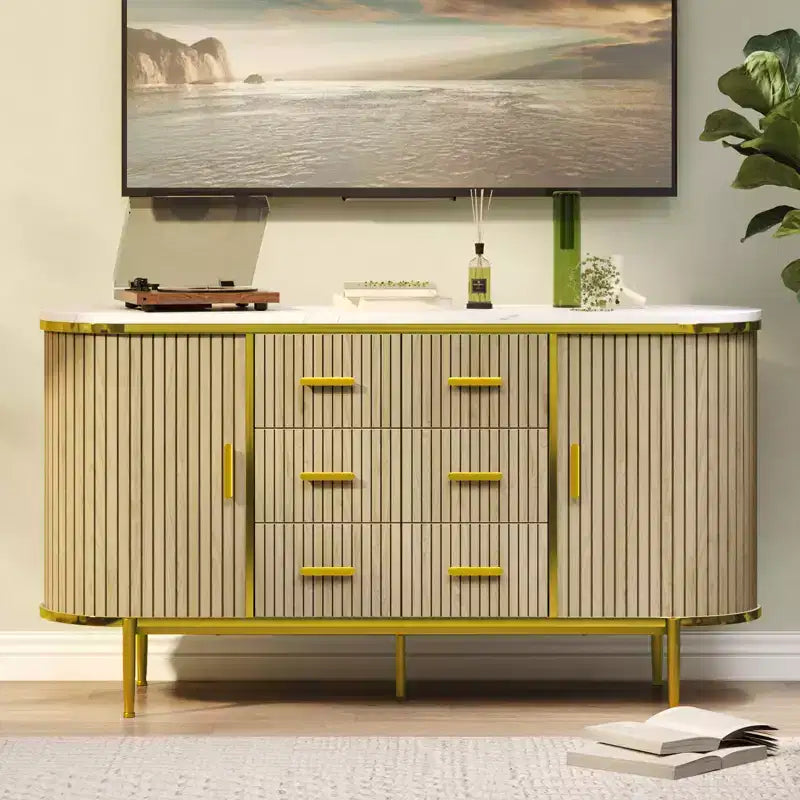 Buffet vaisselier cannelé, Grand bahut de rangement de 150 cm Meuble TV console multimédia avec 6 tiroirs et 2 portes coulissantes pour salon