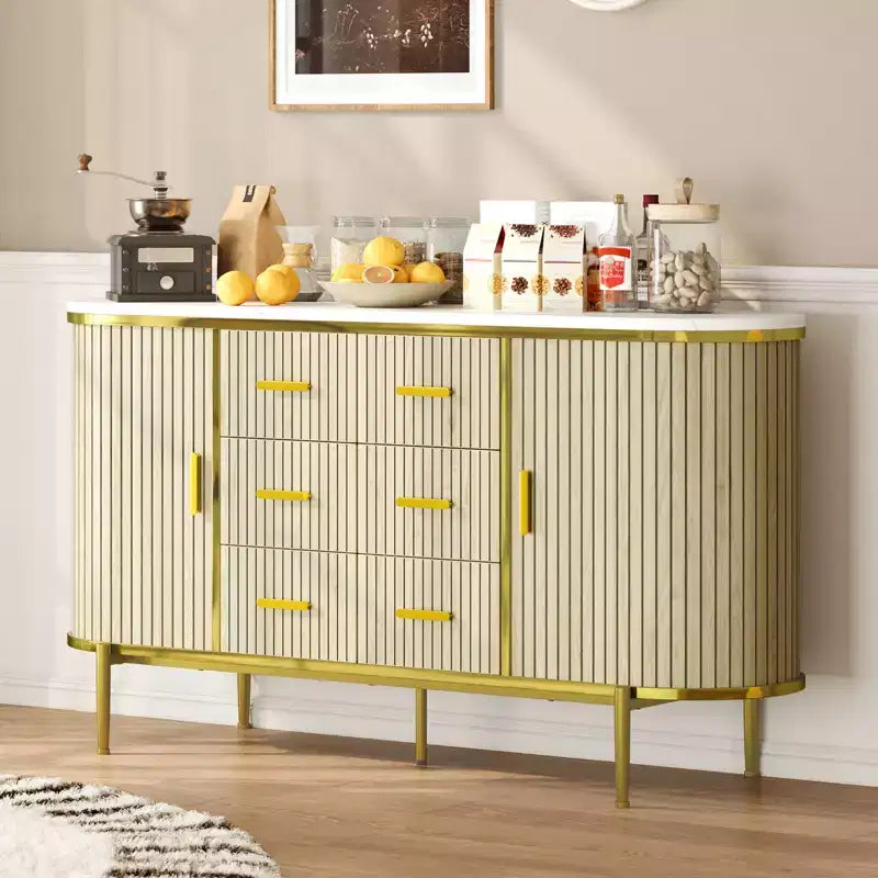 Buffet vaisselier cannelé, Grand bahut de rangement de 150 cm Meuble TV console multimédia avec 6 tiroirs et 2 portes coulissantes pour salon