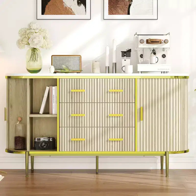 Buffet vaisselier cannelé, Grand bahut de rangement de 150 cm Meuble TV console multimédia avec 6 tiroirs et 2 portes coulissantes pour salon