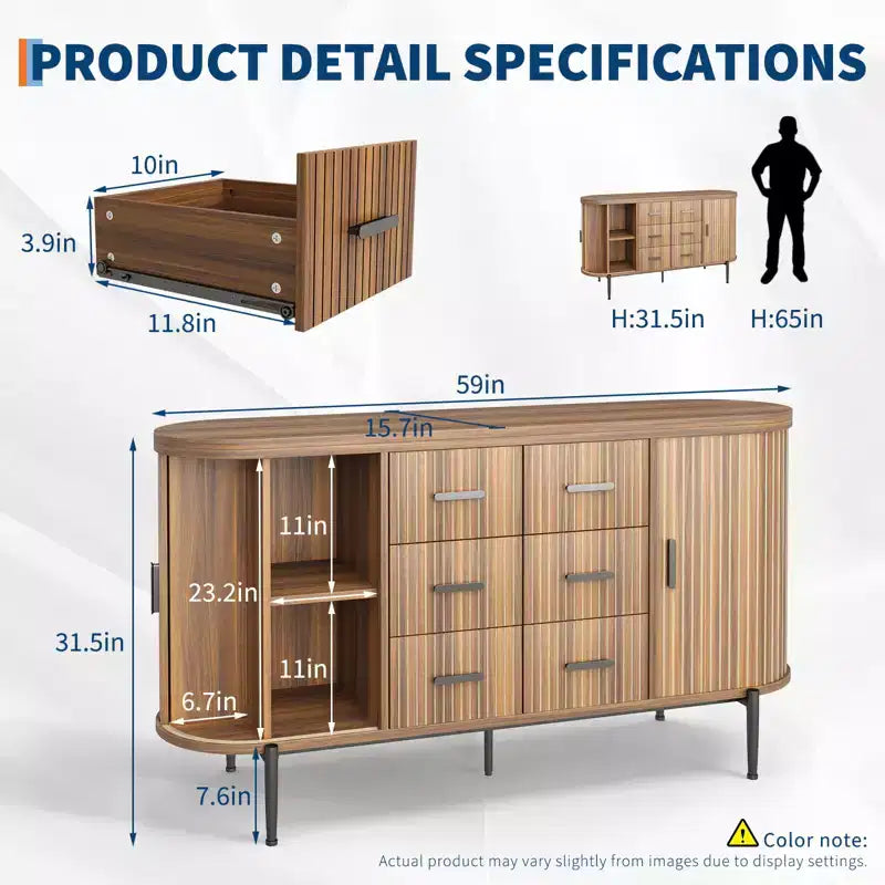 Buffet vaisselier cannelé, Grand bahut de rangement de 150 cm Meuble TV console multimédia avec 6 tiroirs et 2 portes coulissantes pour salon