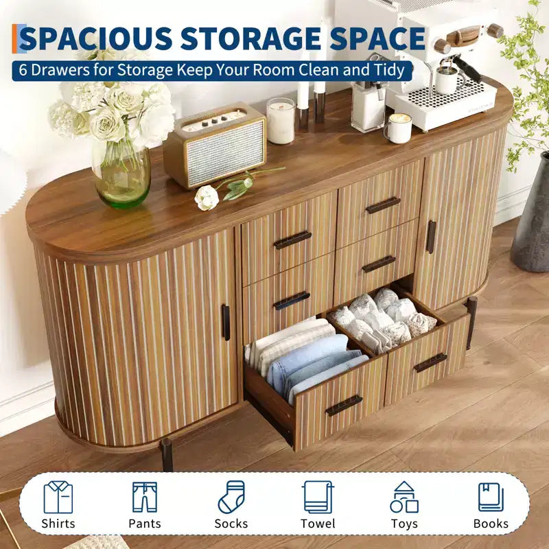 Buffet vaisselier cannelé, Grand bahut de rangement de 150 cm Meuble TV console multimédia avec 6 tiroirs et 2 portes coulissantes pour salon