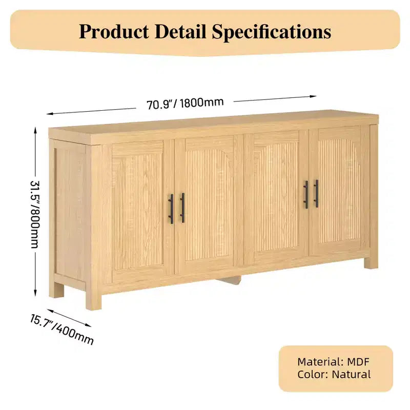 Buffet vaisselier cannelé, Grand bahut de rangement de 150 cm Meuble TV console multimédia avec 6 tiroirs et 2 portes coulissantes pour salon