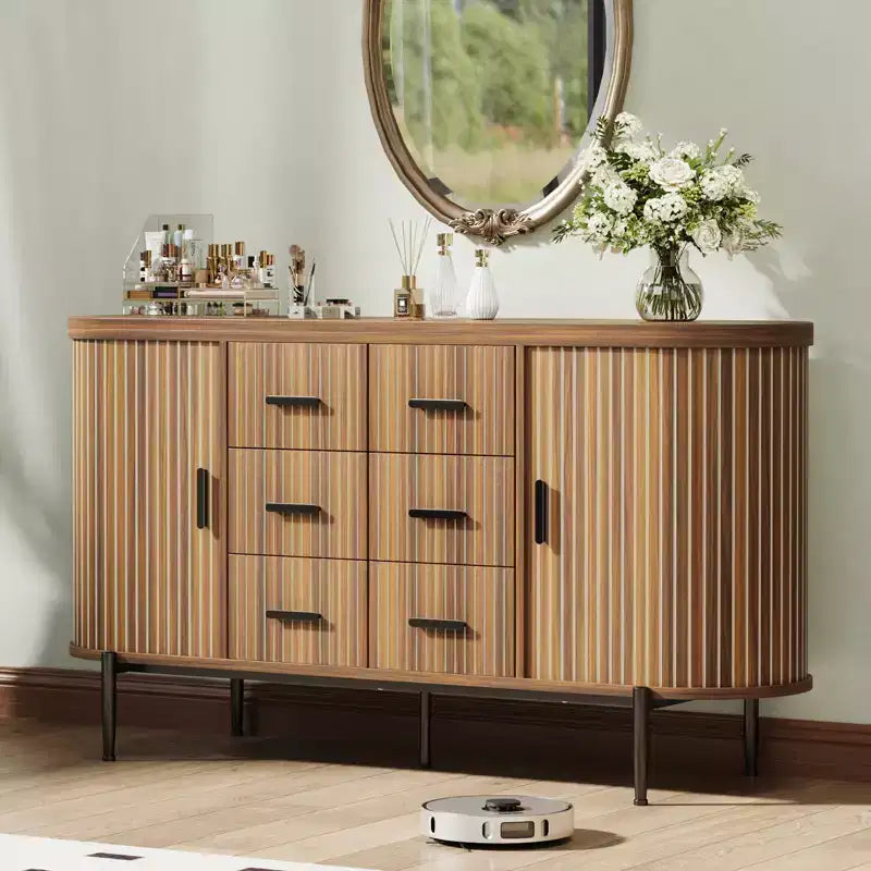 Buffet vaisselier cannelé, Grand bahut de rangement de 150 cm Meuble TV console multimédia avec 6 tiroirs et 2 portes coulissantes pour salon