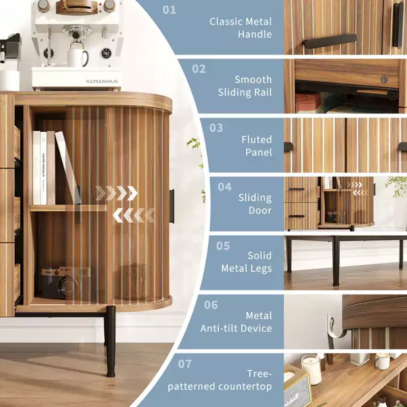 Buffet vaisselier cannelé, Grand bahut de rangement de 150 cm Meuble TV console multimédia avec 6 tiroirs et 2 portes coulissantes pour salon
