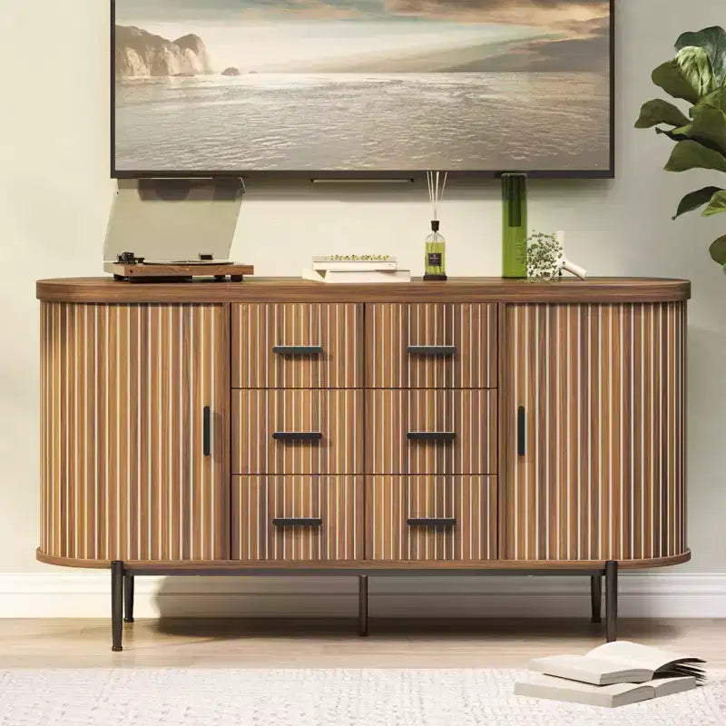 Buffet vaisselier cannelé, Grand bahut de rangement de 150 cm Meuble TV console multimédia avec 6 tiroirs et 2 portes coulissantes pour salon