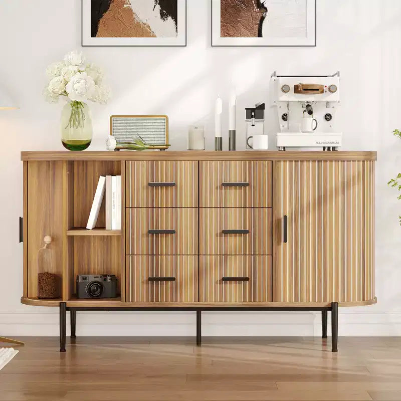 Buffet vaisselier cannelé, Grand bahut de rangement de 150 cm Meuble TV console multimédia avec 6 tiroirs et 2 portes coulissantes pour salon
