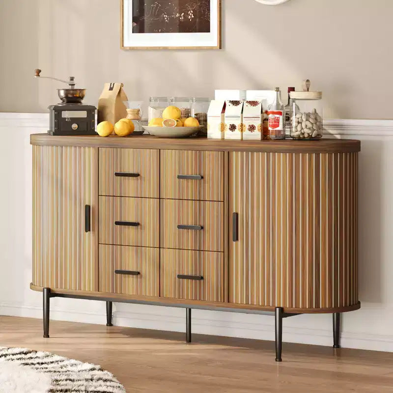 Buffet vaisselier cannelé, Grand bahut de rangement de 150 cm Meuble TV console multimédia avec 6 tiroirs et 2 portes coulissantes pour salon