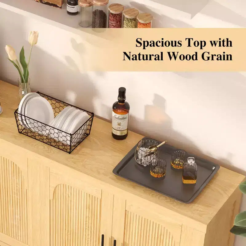 Buffet vaisselier cannelé, Grand bahut de rangement de 150 cm Meuble TV console multimédia avec 6 tiroirs et 2 portes coulissantes pour salon