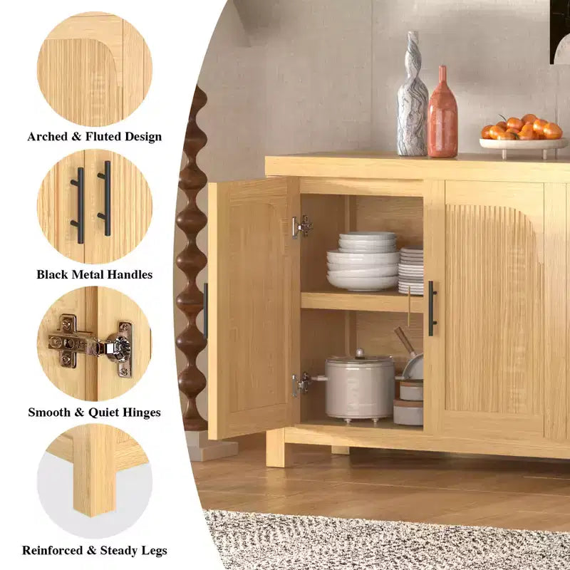 Buffet vaisselier cannelé, Grand bahut de rangement de 150 cm Meuble TV console multimédia avec 6 tiroirs et 2 portes coulissantes pour salon