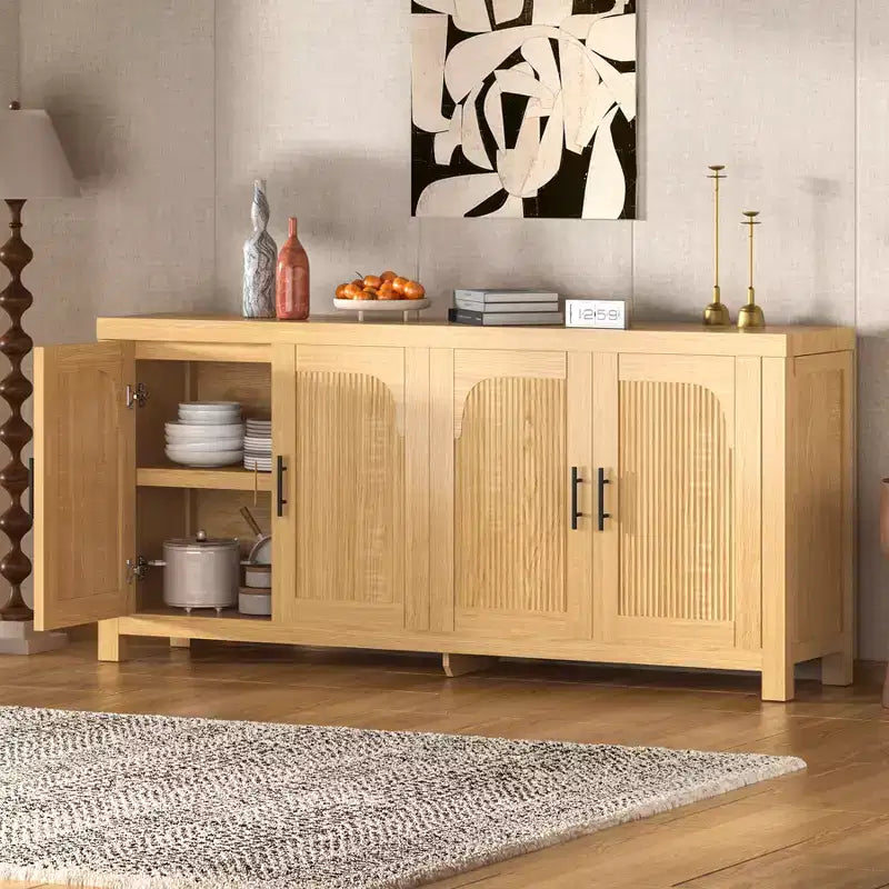 Buffet vaisselier cannelé, Grand bahut de rangement de 150 cm Meuble TV console multimédia avec 6 tiroirs et 2 portes coulissantes pour salon