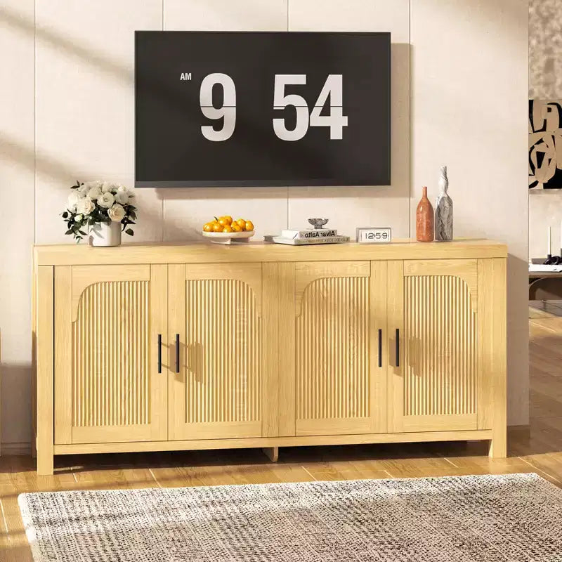 Buffet vaisselier cannelé, Grand bahut de rangement de 150 cm Meuble TV console multimédia avec 6 tiroirs et 2 portes coulissantes pour salon