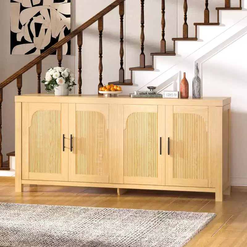 Buffet vaisselier cannelé, Grand bahut de rangement de 150 cm Meuble TV console multimédia avec 6 tiroirs et 2 portes coulissantes pour salon