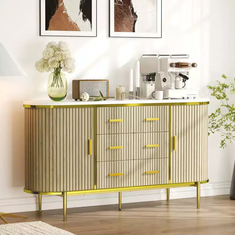Buffet vaisselier cannelé, Grand bahut de rangement de 150 cm Meuble TV console multimédia avec 6 tiroirs et 2 portes coulissantes pour salon