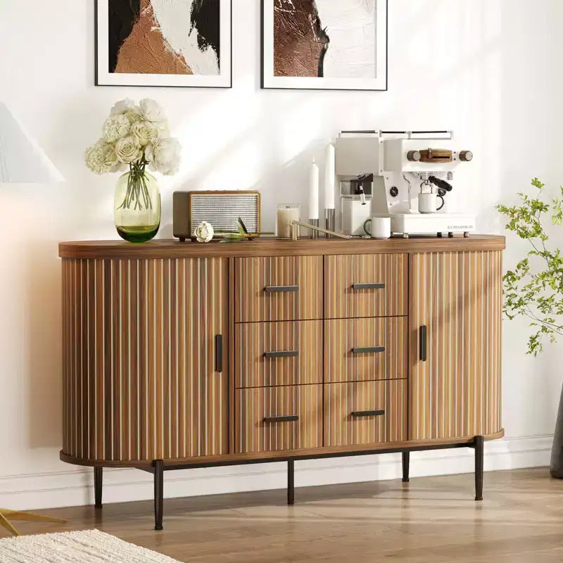 Buffet vaisselier cannelé, Grand bahut de rangement de 150 cm Meuble TV console multimédia avec 6 tiroirs et 2 portes coulissantes pour salon