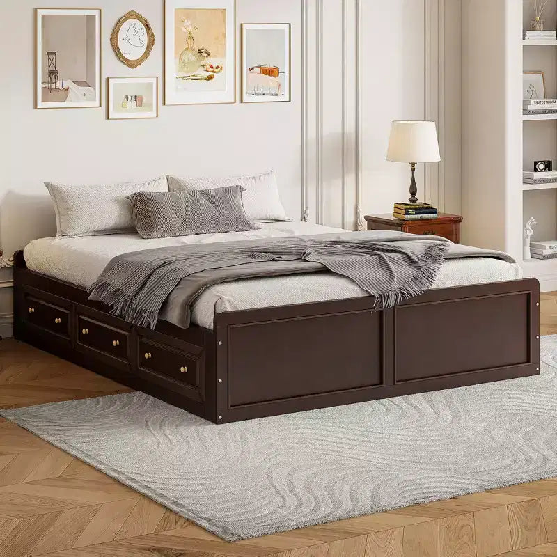 Cadre de lit plateforme Queen en bois avec 6 tiroirs