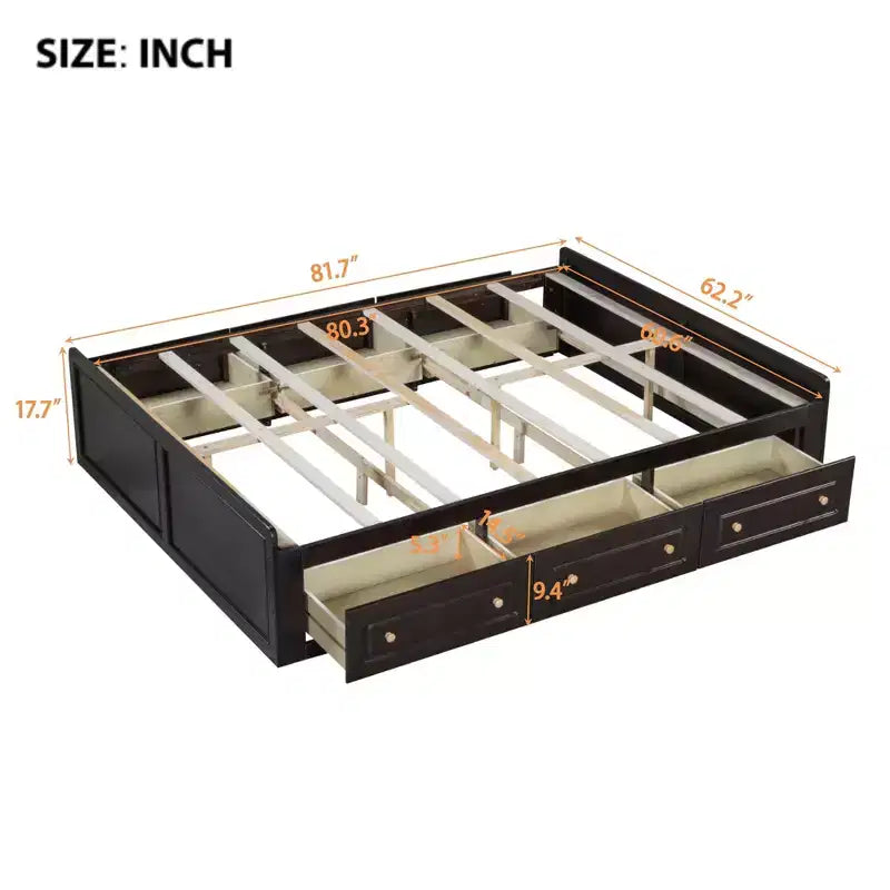 Cadre de lit plateforme Queen en bois avec 6 tiroirs