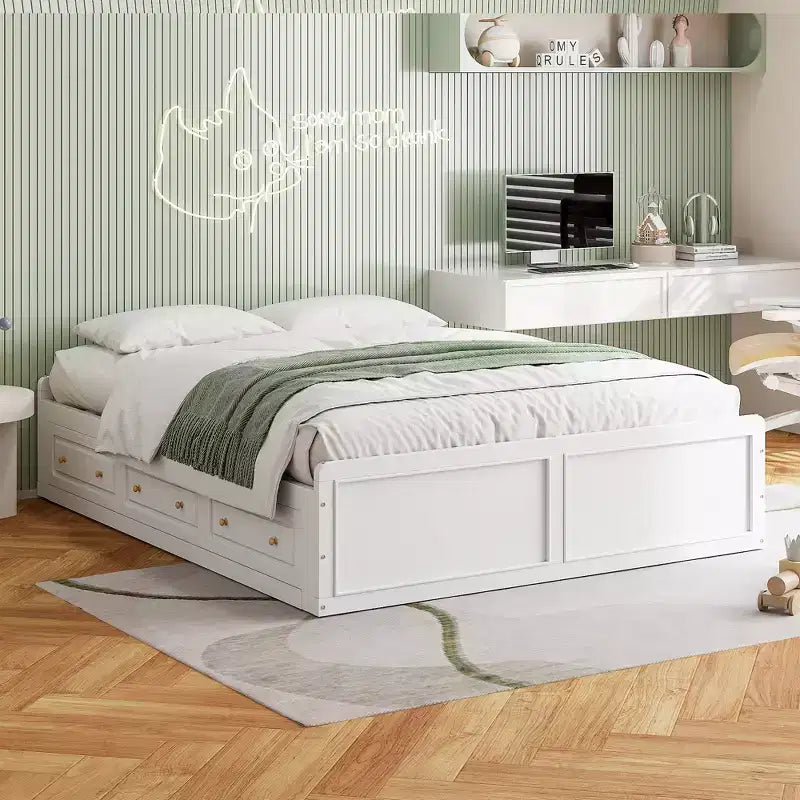 Cadre de lit plateforme Queen en bois avec 6 tiroirs