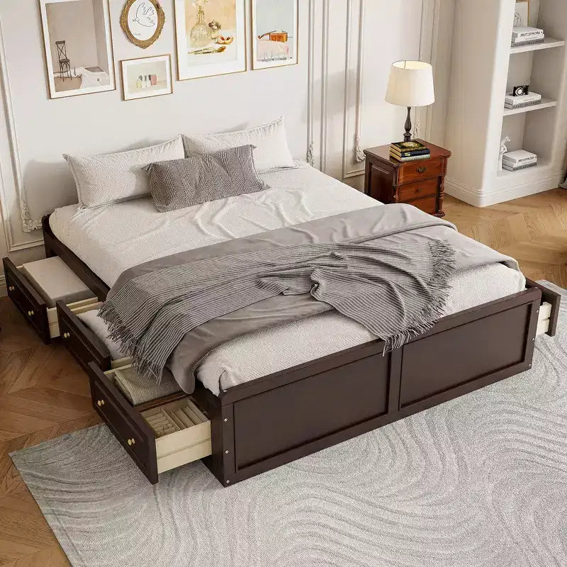 Clihome Wood Queen Size Platform Bed Frame with 6 Drawers
