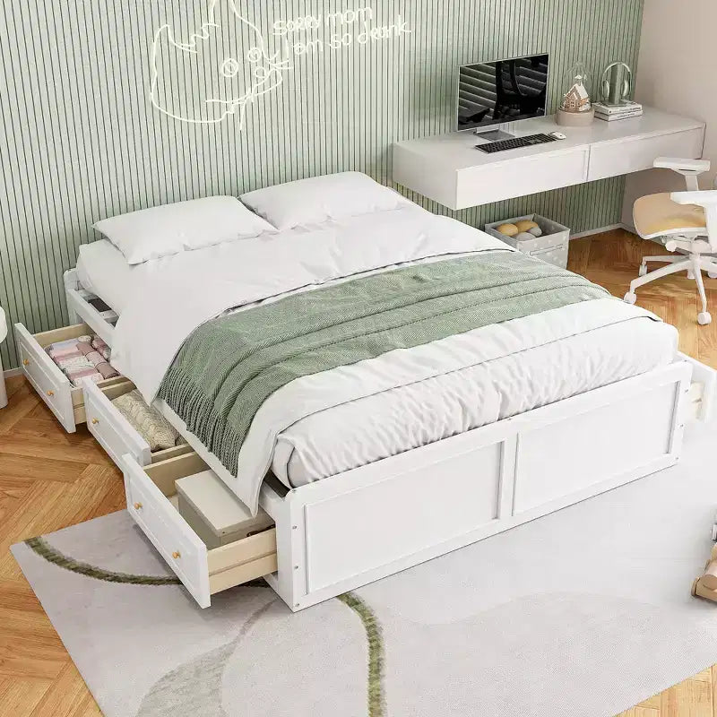 Cadre de lit plateforme Queen en bois avec 6 tiroirs
