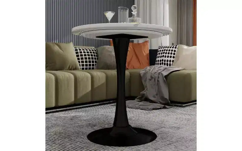 Table basse ronde avec plateau en marbre texturé, Table centrale moderne pour salon, Table sur pied/Table d'appoint de canapé/Table à manger pour 2-4