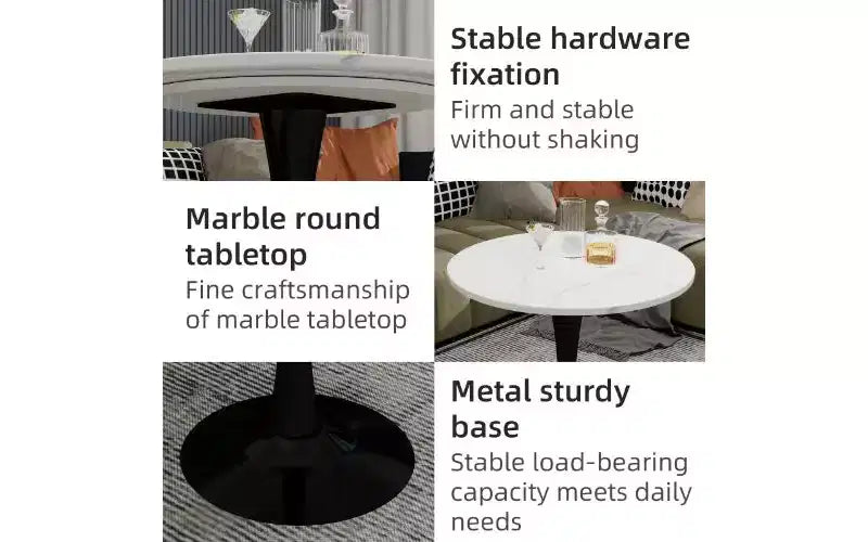 Table basse ronde avec plateau en marbre texturé, Table centrale moderne pour salon, Table sur pied/Table d'appoint de canapé/Table à manger pour 2-4