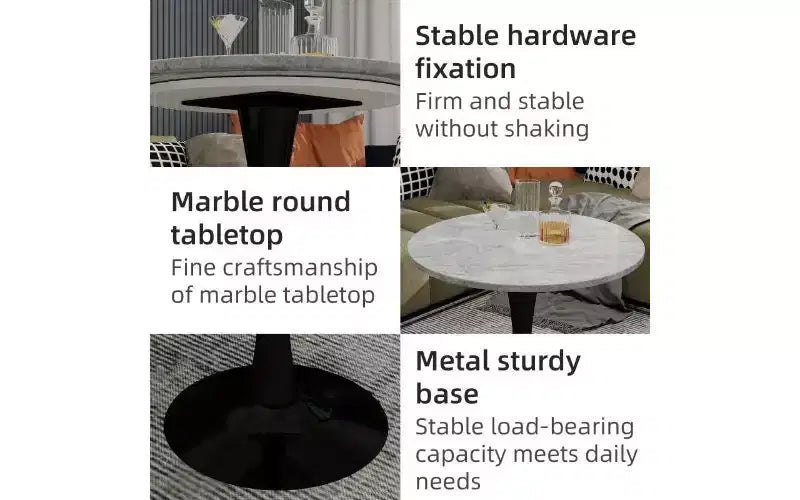 Table basse ronde avec plateau en marbre texturé, Table centrale moderne pour salon, Table sur pied/Table d'appoint de canapé/Table à manger pour 2-4