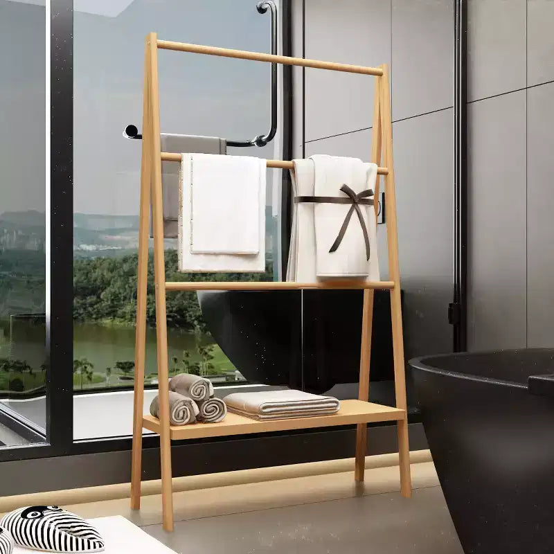 Standing Towel Rack, Floor Towel Rack with Bottom Storage Shelf, Natural Texture, Freestanding Display Rack for Laundry Room, Bathroom
