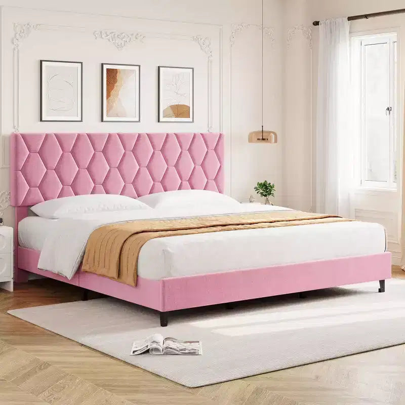 Cadre de lit plateforme rembourré avec tête de lit capitonnée en losanges, capacité de 317 kg, sommier tapissier non requis, grand lit/très grand lit