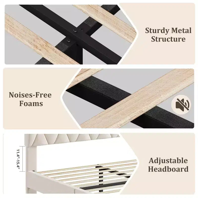 Cadre de lit plateforme rembourré avec tête de lit capitonnée en losanges, capacité de 317 kg, sommier tapissier non requis, grand lit/très grand lit