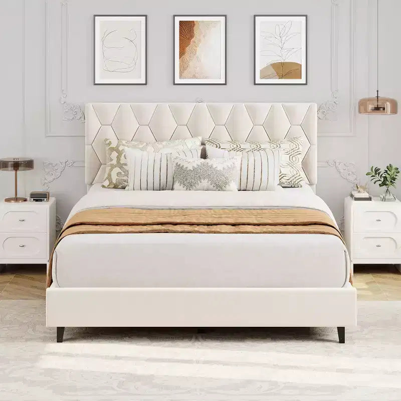 Cadre de lit plateforme rembourré avec tête de lit capitonnée en losanges, capacité de 317 kg, sommier tapissier non requis, grand lit/très grand lit