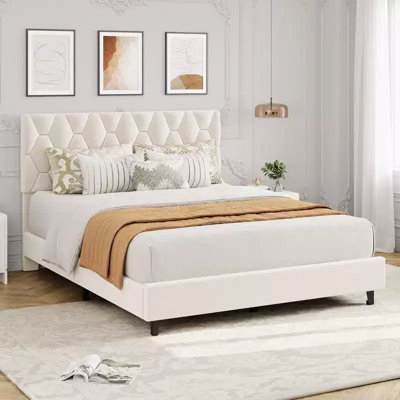 Cadre de lit plateforme rembourré avec tête de lit capitonnée en losanges, capacité de 317 kg, sommier tapissier non requis, grand lit/très grand lit