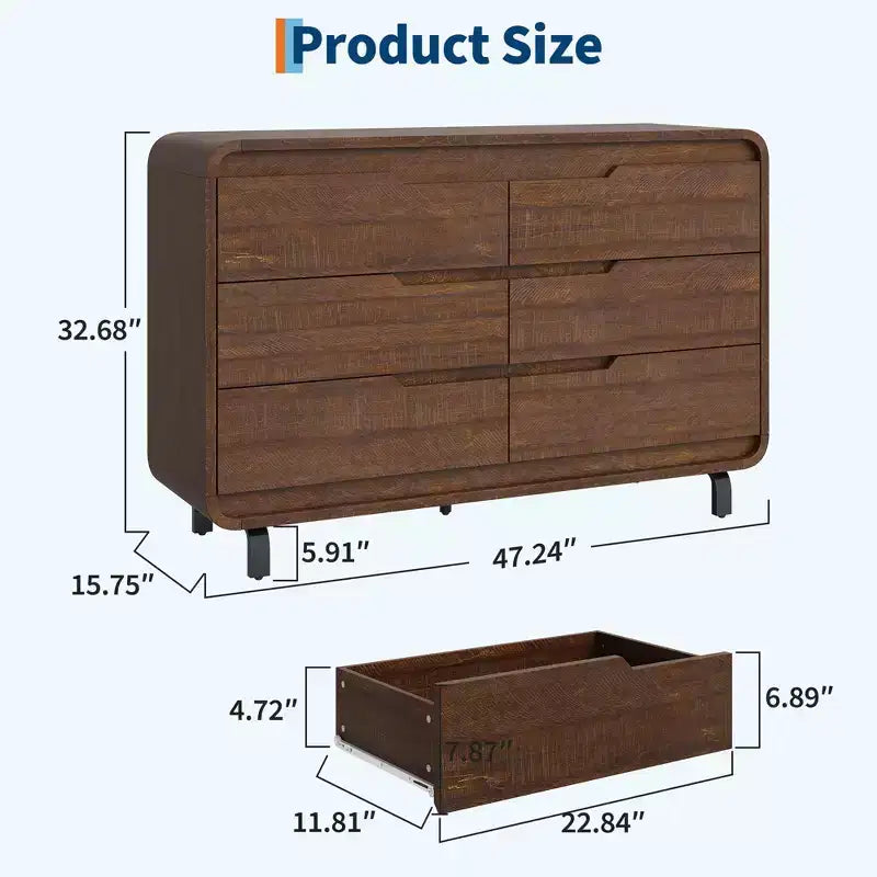 Commode à 6 tiroirs, commode de rangement moderne en bois à coins arrondis, design sans poignée