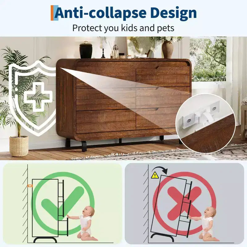 Commode à 6 tiroirs, commode de rangement moderne en bois à coins arrondis, design sans poignée
