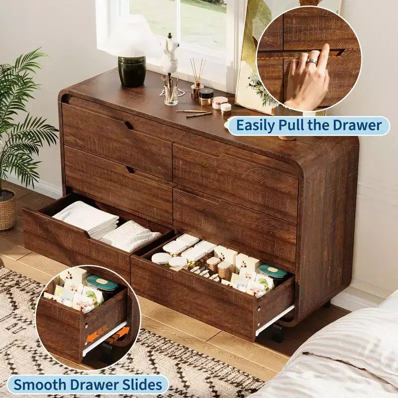 Commode à 6 tiroirs, commode de rangement moderne en bois à coins arrondis, design sans poignée