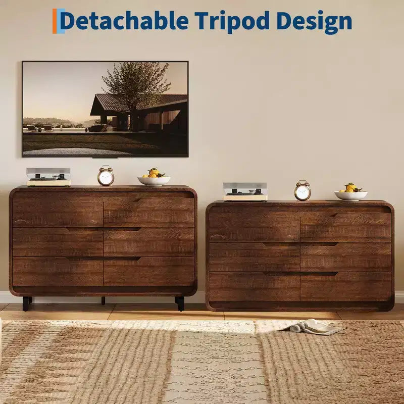 Commode à 6 tiroirs, commode de rangement moderne en bois à coins arrondis, design sans poignée