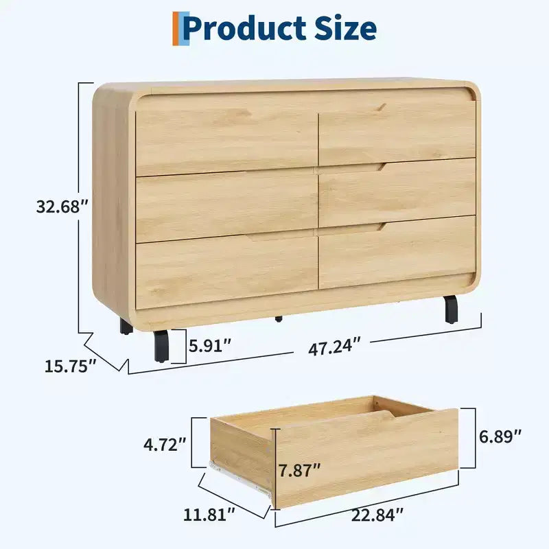 Commode à 6 tiroirs, commode de rangement moderne en bois à coins arrondis, design sans poignée