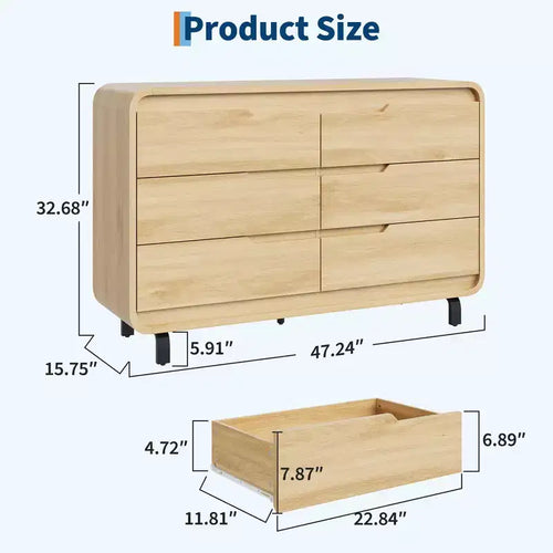 Commode à 6 tiroirs, commode de rangement moderne en bois à coins arrondis, design sans poignée