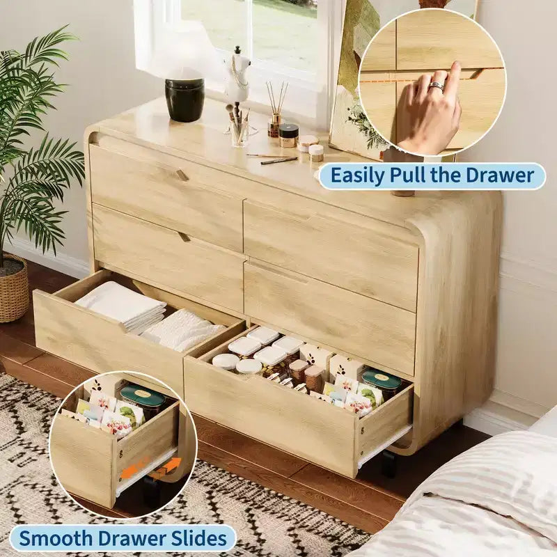 Commode à 6 tiroirs, commode de rangement moderne en bois à coins arrondis, design sans poignée