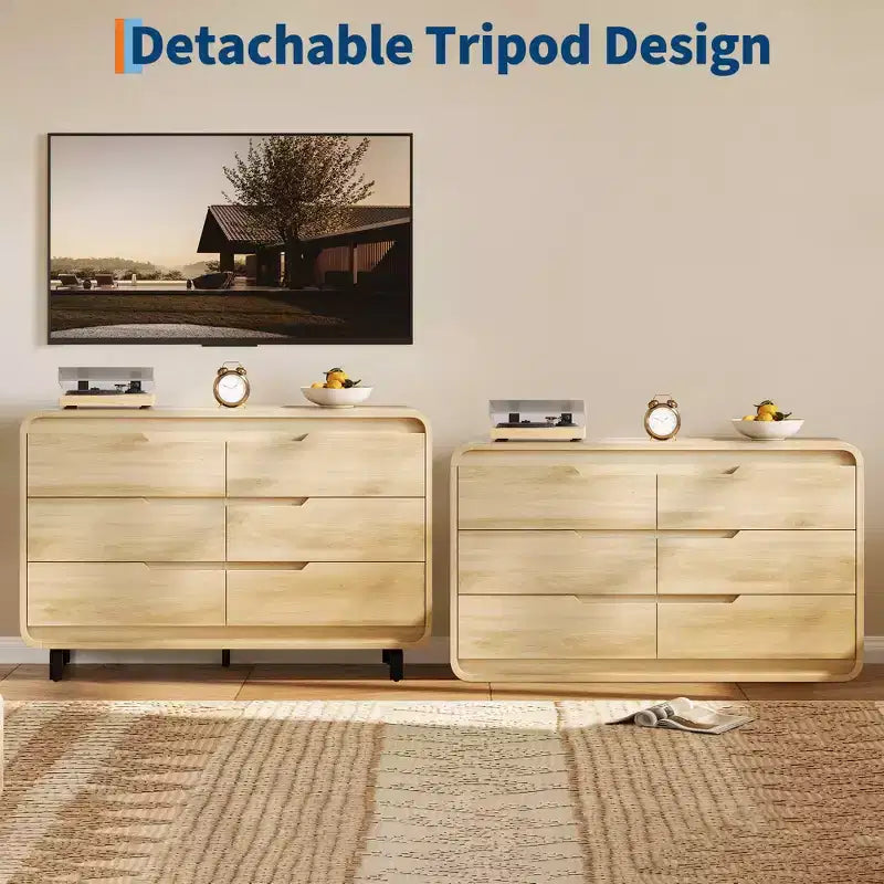Commode à 6 tiroirs, commode de rangement moderne en bois à coins arrondis, design sans poignée