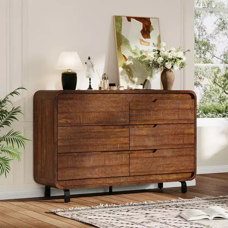 Commode à 6 tiroirs, commode de rangement moderne en bois à coins arrondis, design sans poignée