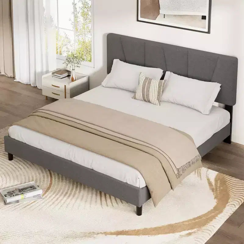 Cadre de lit plateforme avec tête de lit en tissu et support à lattes en bois, base de matelas entièrement rembourrée/aucun sommier tapissier requis